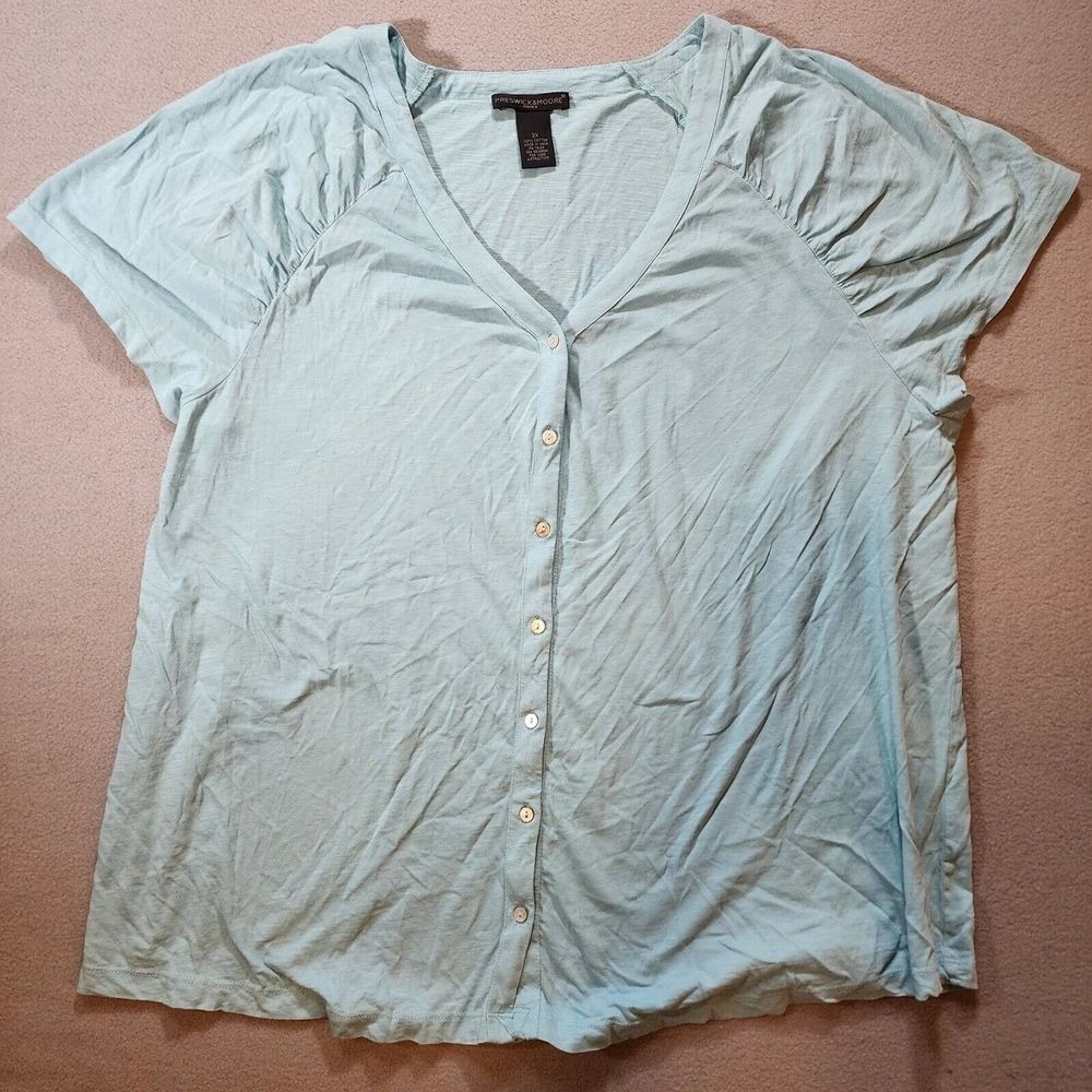 Preswick & Moore Women 3X Light Blue Cotton Button Front V-Neck Top Short Sleeve
